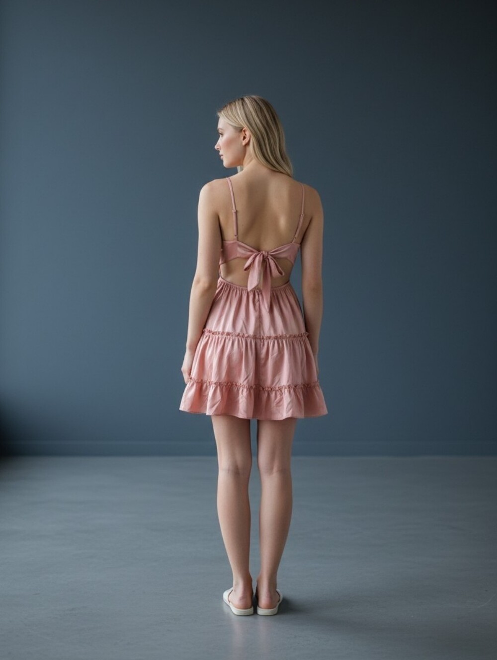 ECOWISH Salmon Pink Lace Ruffle Sundress V-Neck Tie Strappy Short Dress Size S - Picture 2 of 6